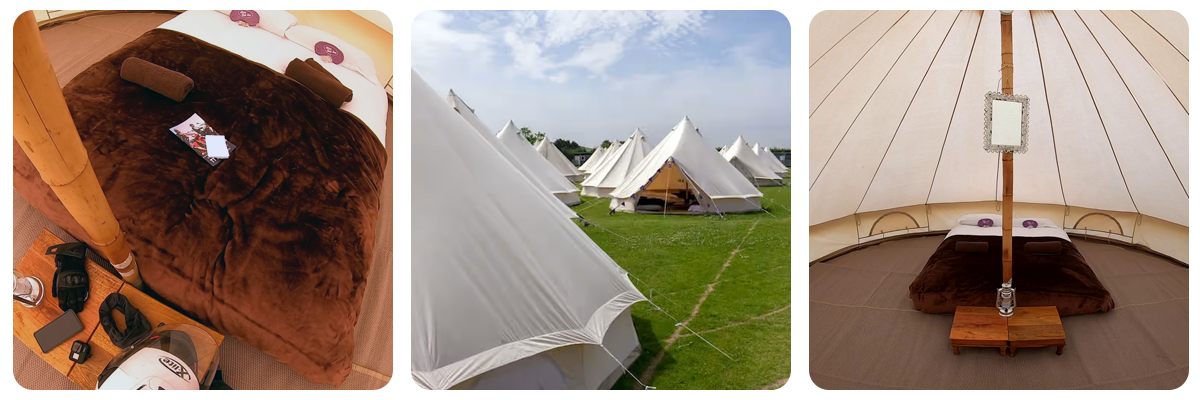 Images of glamping tents at the Tourist Trophy